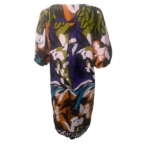 For Cynthia Linen Blend Puff Sleeve Bold Print V-neck Shirt Dress Size L - Picture 7 of 9